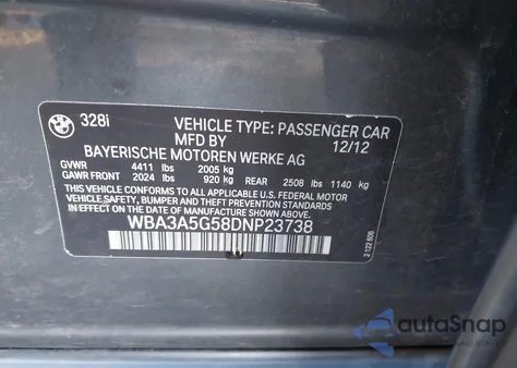 2013 BMW 328I из США, поврежденный, VIN WBA3A5G58DNP23738